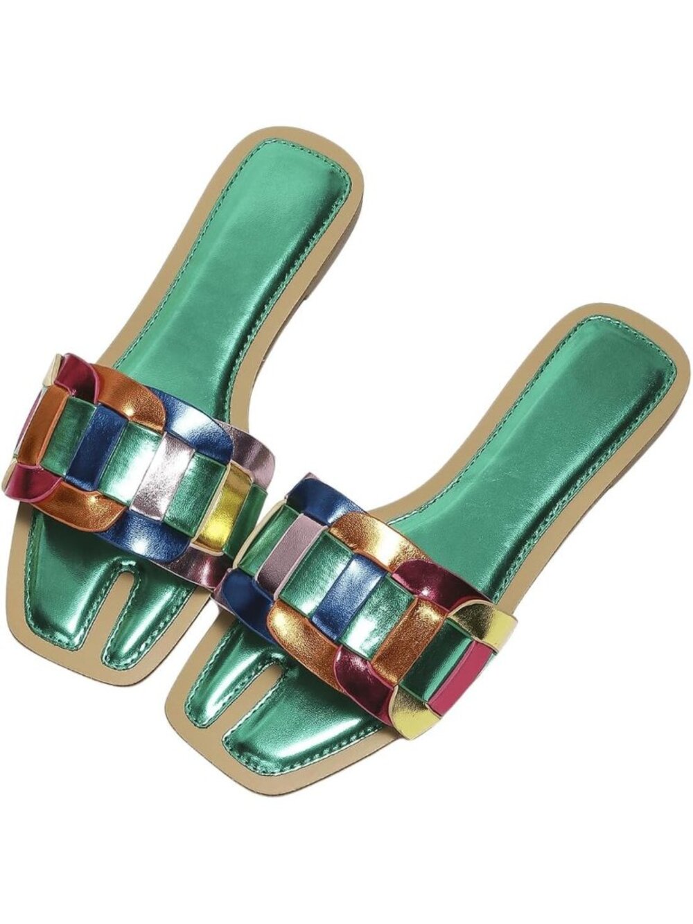 Women's Green Metallic Flat Sandals Dressy Slippers Sparkly Cute Open Toe